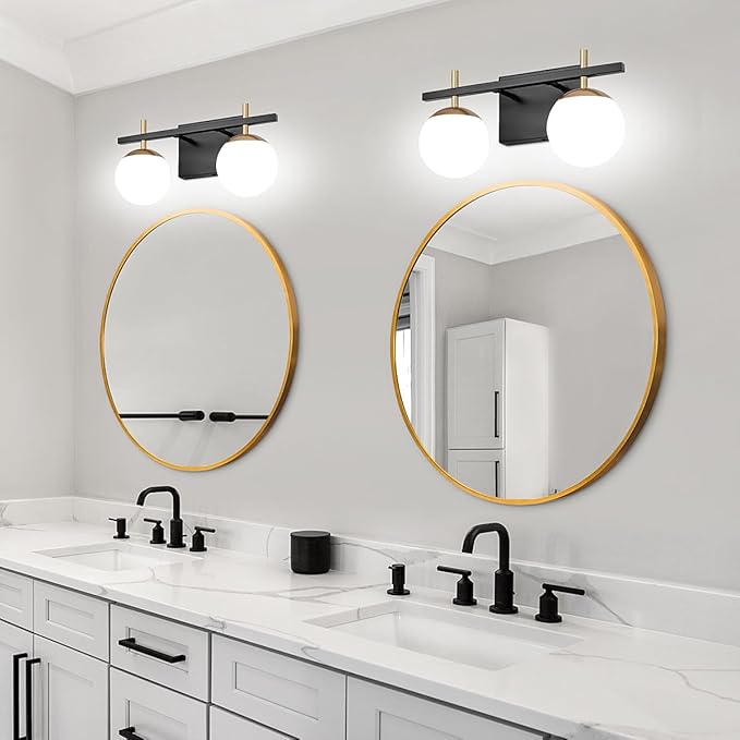 Bathroom Light Fixtures Over Mirror, Black and Gold Mid Century Modern Bathroom Vanity Light Fixtures with Milky Glass Shade 2-Light Globe Sconces Wall Lighting for Living Room Hallway