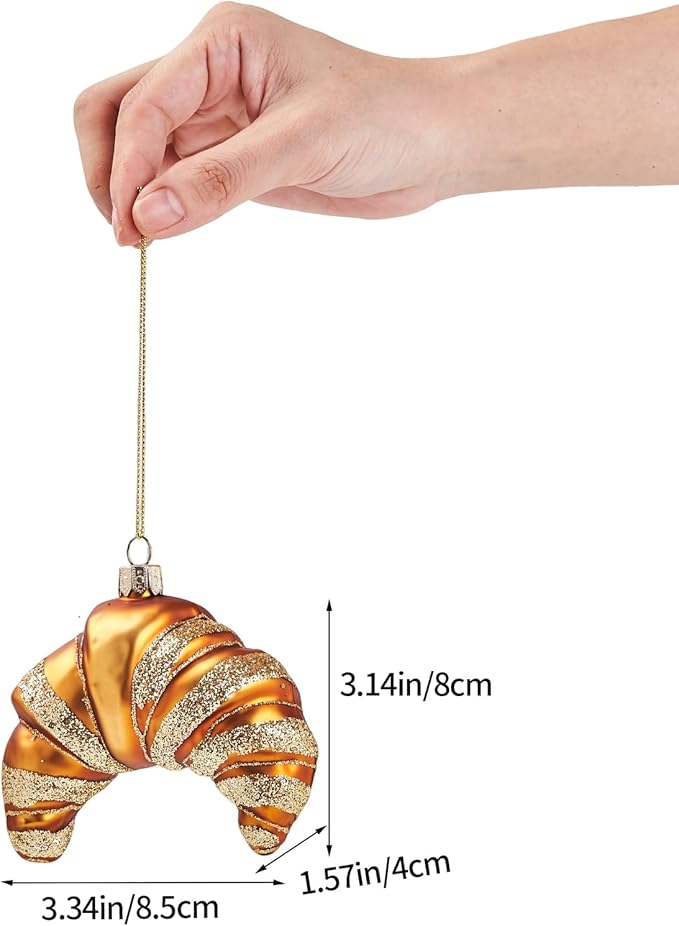 Gold Ornaments for Christmas Tree 2025 - Croissant Blown Glass Christmas Decorations, 3D Hanging Christmas Ornament for Tree Xmas Home Decor Outdoor Fun Food Mini Centerpiece