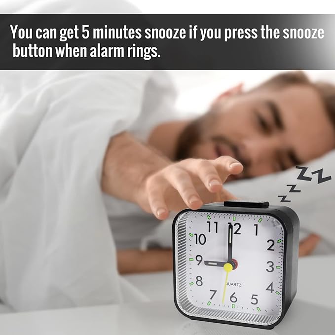 Small Analog Travel Alarm Clock, Battery Operated Desk Table Shelf Clock for Kids, Quieter Bedside Alarm Clocks for Bedrooms Bathroom Living Room Kitchen, Black