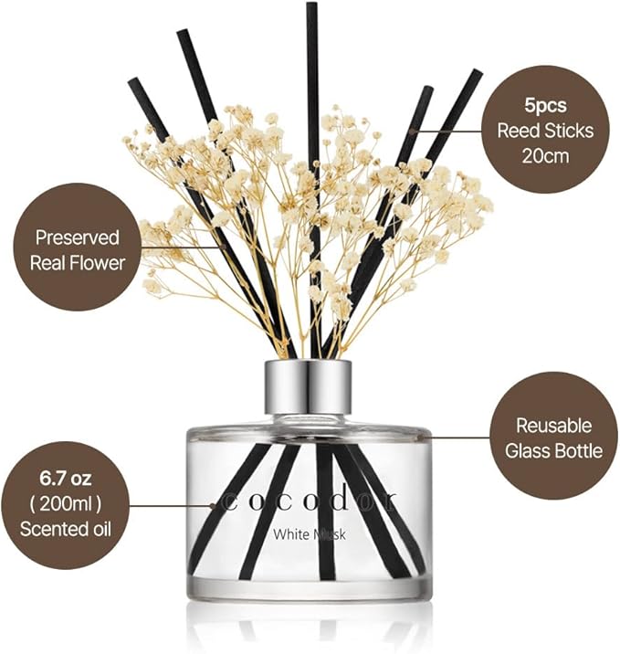 COCODOR Flower Reed Diffuser Set / 6.7oz / Lovely Peony/Scent Diffuser with Sticks Home Fragrance Reed Diffuser for Bathroom Shelf Decor for Women