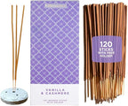 Folkulture Incense Sticks | Set of 120 Insence-Sticks with Holder for Relaxation | Vanilla & Cashmere Incense| Organic, Slow Burning & Non Toxic Inscents | Luxe Sweet Fragrances for Meditation