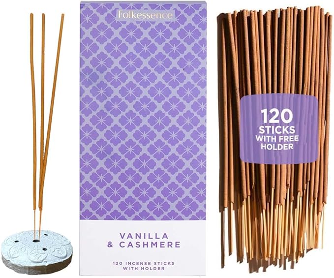 Folkulture Incense Sticks | Set of 120 Insence-Sticks with Holder for Relaxation | Vanilla & Cashmere Incense| Organic, Slow Burning & Non Toxic Inscents | Luxe Sweet Fragrances for Meditation