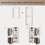 ROOMTEC Modular Closet System, 64" Wall-Mounted Closet Organizer with Hanging Rods and Shelves, Wooden Tower for Walk-In Closets, Wardrobe Storage Kit, White