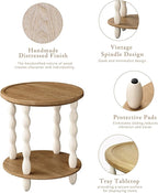 Round End Table, 2-Tier Farmhouse End Table, 18.5'' Handcrafted Weathered Look Wooden Nightstand Accent Table, Pine Leg, Small Side Tables for Living Room, Small Space, Bedroom, Boho, Easy Assembly
