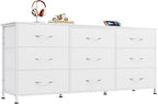 WLIVE 54''W Dresser for Bedroom, White Dresser TV Stand for 55, 60, 65 inch TV, Wide Chest of Drawers with 9 Drawer, Large Entertainment Center, Fabric Dressers with Wood Top for Closet, Living Room