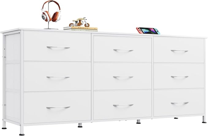 WLIVE 54''W Dresser for Bedroom, White Dresser TV Stand for 55, 60, 65 inch TV, Wide Chest of Drawers with 9 Drawer, Large Entertainment Center, Fabric Dressers with Wood Top for Closet, Living Room