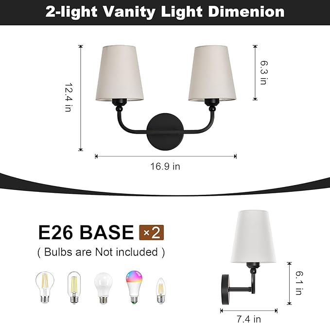 Kvhilw Bathroom Vanity Light, Matte Black Bathroom Light Fixtures, 2-Light Lighting Fixtures Over Miror, Modern Wall Sconce with Flared White Fabric Shade, E26 Socket(ETL Listed)