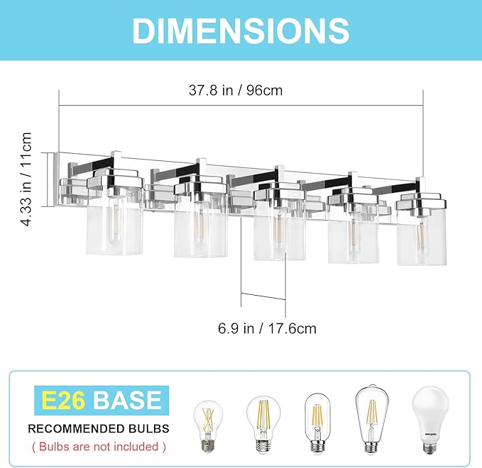 Vanity Light Fixture,5-Light Vanity Light for Bathroom,Chrome Bathroom Vanity Lighting Over Mirror with Square Clear Glass Shade for Restroom