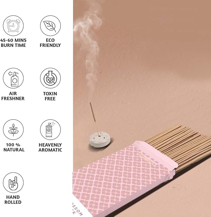Folkulture Incense Sticks | Set of 120 with Holder for Relaxation | Cherry Blossom & White Musk | Organic, Slow Burning, Non-Toxic | Luxe Floral Fragrance, for Valentines