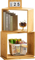 2-Tier Modern Rotating Bamboo Bookcase, DIY Free-Standing Bookshelf Large Capacity Creative Open Book Cabinet, 2 in 1 Nightstand Storage Organizer Lattice Shelf for Home, Office, Living Room, 2-Cube