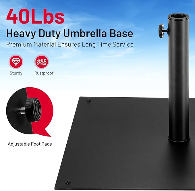 Giantex Square Umbrella Base, 40 LBS Steel Heavy Duty Patio Market Umbrella Stand with 2 Adapters, 25 Inch Outdoor Plate Stand with Adjustable Foot, Suitable for Backyard, Deck, Poolside, Patio
