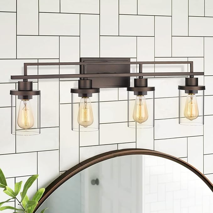 Emliviar 4-Light Vintage Vanity Light - Farmhouse Bathroom Wall Light Fixtures, Oil Rubbed Bronze Finish with Clear Glass, YCE238B-4W ORB