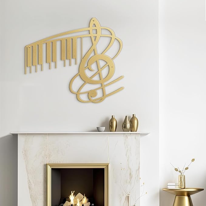 SIGNLEADER Metal Wall Art Music Note Decor - Treble Clef with Piano Key Modern Abstract Wall Sculpture Hanging Home Decoration for Living Room, Bedroom, Bathroom, Kitchen, Studio, Outdoor - 30" Gold
