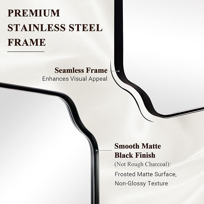 ANDY STAR Bathroom Vanity Mirror, 24x36 Inch Matte Black Mirror, Modern Rectangle Mirrors for Bathroom, Asymmetrical Wall Mirror with Scalloped Round Corner