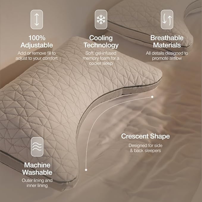 Coop Home Goods Eden Crescent Bed Pillow for Side & Back Sleepers, Queen Size, Adjustable Medium Soft Memory Foam Pillow with Cooling Gel & Ergonomic Crescent Shape, CertiPUR-US/GREENGUARD Gold