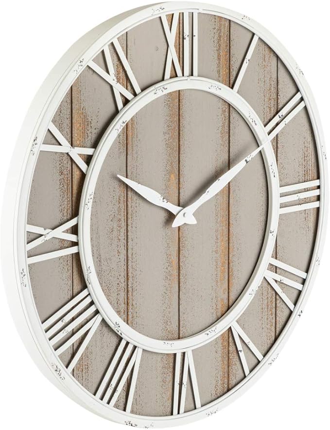Oldtown Farmhouse Metal & Solid Wood Noiseless Wall Clock (Coastal Grey, 36-inch)