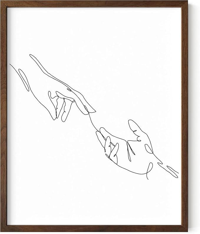 Minimalist Reaching Hands Wall Art Continuous Line Drawing Connection Symbol 16x20 Inch Oak Wood Walnut Framed Aesthetic Modern Decor Print for Bedroom Living Room