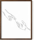 Minimalist Reaching Hands Wall Art Continuous Line Drawing Connection Symbol 16x20 Inch Oak Wood Walnut Framed Aesthetic Modern Decor Print for Bedroom Living Room