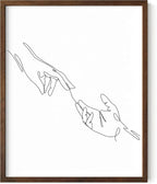 Minimalist Reaching Hands Wall Art Continuous Line Drawing Connection Symbol 16x20 Inch Oak Wood Walnut Framed Aesthetic Modern Decor Print for Bedroom Living Room