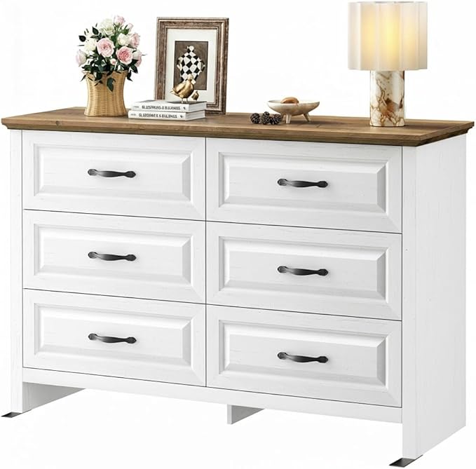 Marsail Farmhouse 6 Drawer Dresser, Wood Chest of Drawers with Natural Texture, Smooth Gliding Drawers, Versatile Storage Organizer Cabinet for Bedroom & Living Room, White and Brown