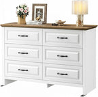 Marsail Farmhouse 6 Drawer Dresser, Wood Chest of Drawers with Natural Texture, Smooth Gliding Drawers, Versatile Storage Organizer Cabinet for Bedroom & Living Room, White and Brown