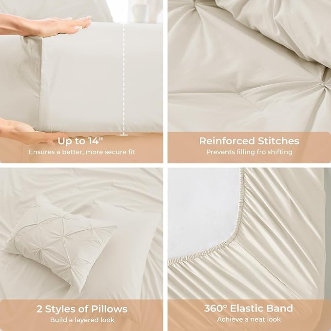 Sasttie California King Comforter Set, 7-Piece Bed in a Bag Cal King, Pintuck Bedding Set for All Season, Includes Comforter, Flat Sheet, Fitted Sheet, Pillowcases and Pillowshams, Beige