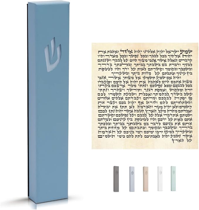 SURI Jewish Door Mezuzah – 5 Inch Blue Aluminum Mezuzah Case with Printed Scroll, Fits a 4 Inch Scroll, Self-Stick Adhesive, Open-Back Design for Indoor Use, Gift Box Included