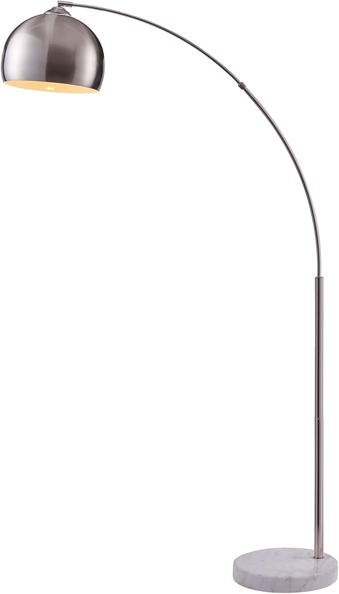 Teamson Home Arquer 68.1" Arc Floor Lamp for Living Rooms, Home Offices, Dining Rooms, Bedrooms with Faux White Marble Base and Nickel Bell Shade