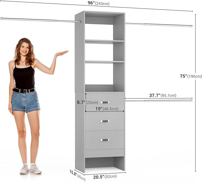96'' Closet Organizer System with 3 Hanging Rods, 8FT Closet Organizers and Storage with 3 Wooden Drawers, Built in Closet Organizer Systems, Adjustable Walk-in Wardrobe from 5-8FT, Grey