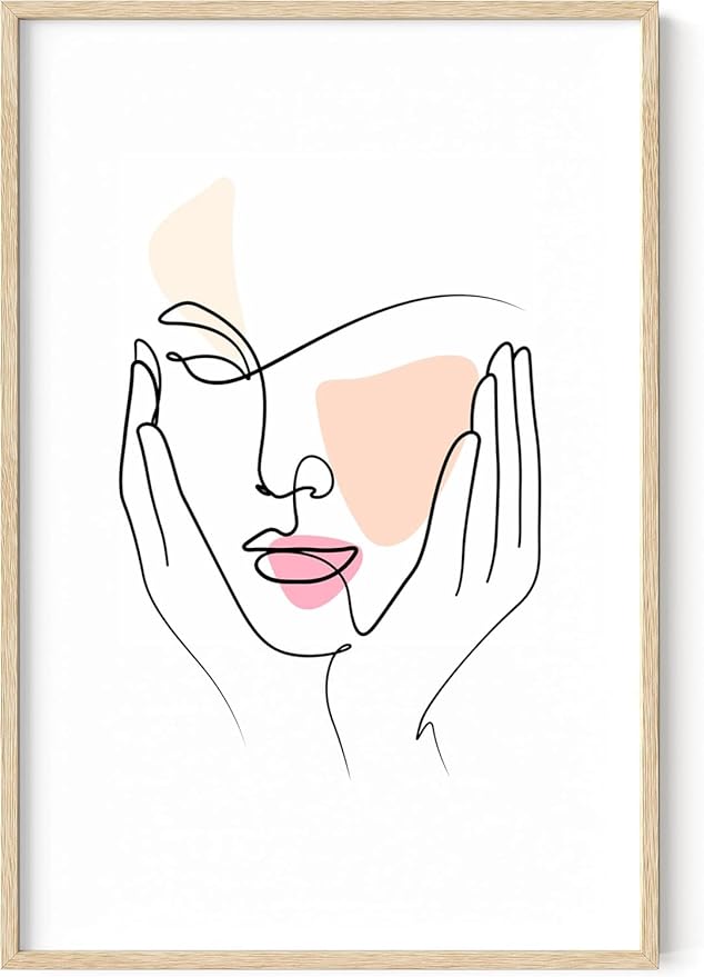 Aesthetic Face Wall Art Hands on Cheeks Continuous Line Drawing Abstract Pink Shapes 24x36 Inch Oak Wood Beige Framed Modern Portrait for Bedroom Vanity