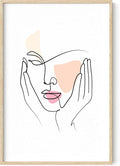 Aesthetic Face Wall Art Hands on Cheeks Continuous Line Drawing Abstract Pink Shapes 24x36 Inch Oak Wood Beige Framed Modern Portrait for Bedroom Vanity
