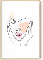 Aesthetic Face Wall Art Hands on Cheeks Continuous Line Drawing Abstract Pink Shapes 24x36 Inch Oak Wood Beige Framed Modern Portrait for Bedroom Vanity