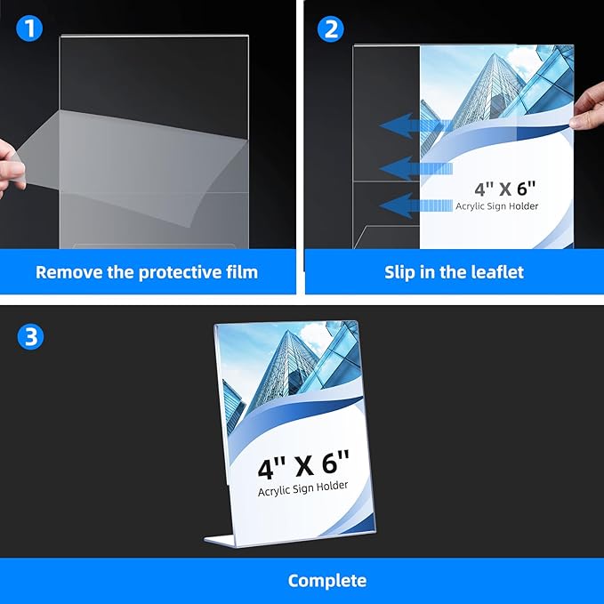 6 Pack Slanted Back Acrylic Sign Holders 4x6 for Business & Store, Tabletop Vertical Sign Holder with Anti-Slip Pads Clear Display Stand, for Menus Flyers Documents Office Restaurants Party Decoration