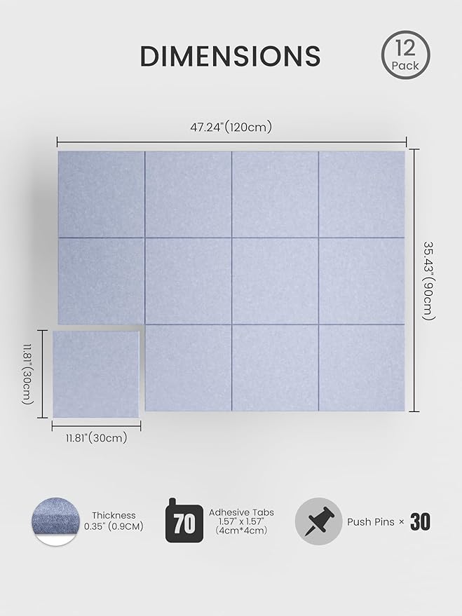 Bumusty Large Cork Board 48" x 36" Alternative - 12 Pack Felt Wall Tiles with 70 Safe Removable Adhesive Tabs, 30 Pushpins, Cork Boards for Walls Bulletin Board Office Decor (Soft Periwinkle)