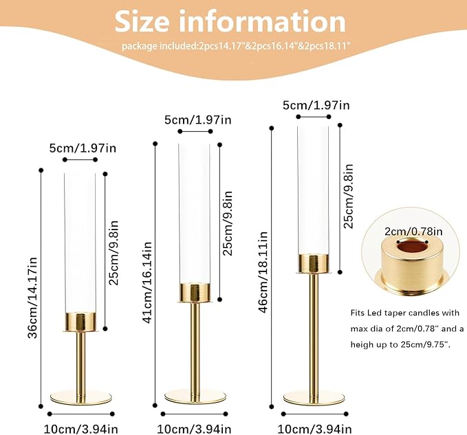 VINCIGANT 6PCS Gold Candle Stick Holders Centerpieces for Tables, Metal Candlesticks Holder with Acrylic lampshade for Parties, Valentine's Day, Birthday,Wedding Decorations