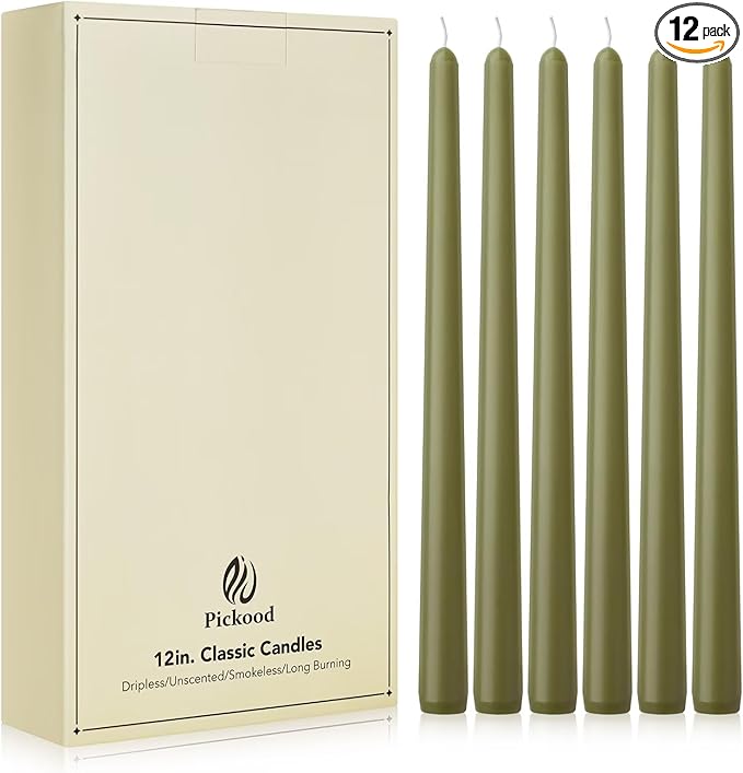 New Burning Formula Unscented Dripless 12-Inch Taper Candles Set of 12 - Olive Green, for Wedding, Dinner - Smokeless, Long Burning - Hand Poured, Colored Tall Candlesticks - Verde Oliva