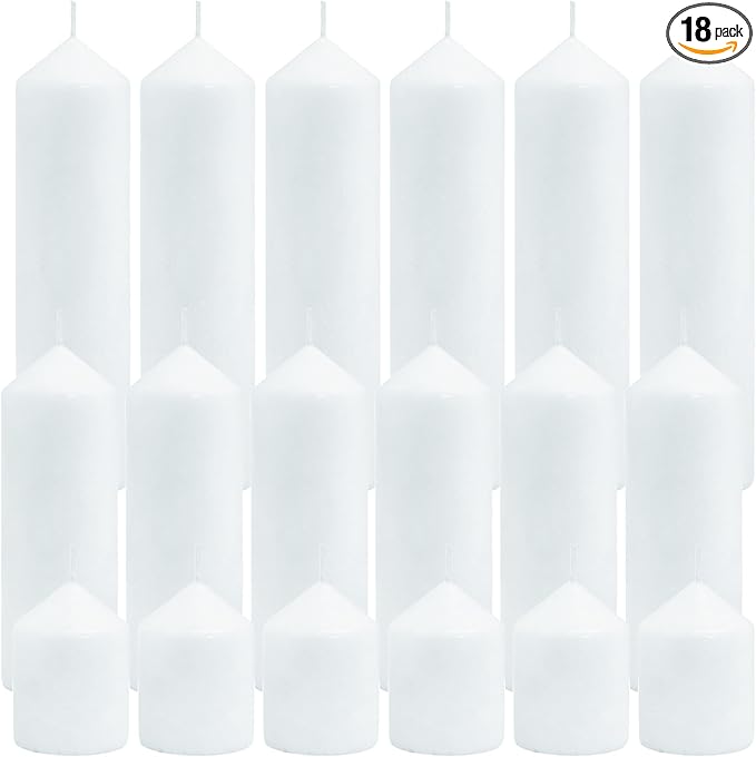 Pillar Candles Bulk Set - Unscented, Smokeless, Dripless | 3 Sizes: 2x3, 2x6, 2x8 Inches | Ideal for Weddings, Christmas & Home Decor (18, White)