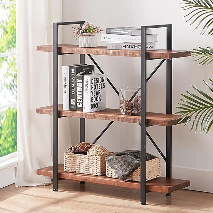 HSH Solid Real Wood Bookshelf, 3 Tier Rustic Vintage Industrial Book Shelf, Small Short Etagere Natural Wooden Bookcase, Open Metal Farmhouse Solid Wood Book Shelf, Distressed Brown