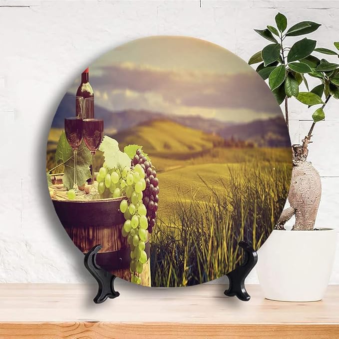 Ceramic Display Plate, Wine Ceramic Hanging Decorative Plate, Italy Tuscany Landscape Rural Vineyard, 7 Inch, Household Custom Ceramic Plate, Green Black Brown