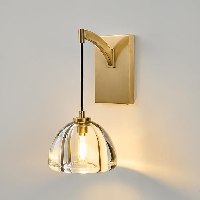 Crystal Brass Dome Wall Sconce - Luxury Brushed Lighting Fixture with K9 Crystals Cloche - Dimmable Indoor Hanging Light - Modern Gold Sconces for Bathroom Bedroom Living Room Stair Hallway