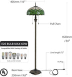 Tiffany Style Floor Lamp, 16" Stained Glass Green Leaf Shade with Antique Bronze Base, 2-Light E26 Pull Chain Standing Reading Light for Living Room, Bedroom, UL Listed, 16x16x64 Inches