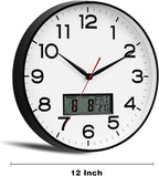 AKCISOT Wall Clock 12 Inch, Non-Ticking Silent Battery Operated Analog with LCD Display for Perpetual Calendar and Temperature, Ideal Modern Decor for Home, Bedroom, Kitchen, Office (Black)