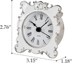 NIKKY HOME Pewter Pretty Small and Cute Vintage Table Clock with Quartz Analog Crystal Rhinestone 3 Inch for Living Room Bathroom Decoration, White Enamel