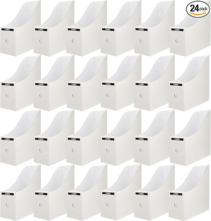 Limitliho 24 Pack White Cardboard Magazine File Holder for Desk, Shelves, Office or Home, Vertical Book Bins for Classroom and Library Use, 10.6'' H×10.2'' L ×3.5''W Folder Organizer Box