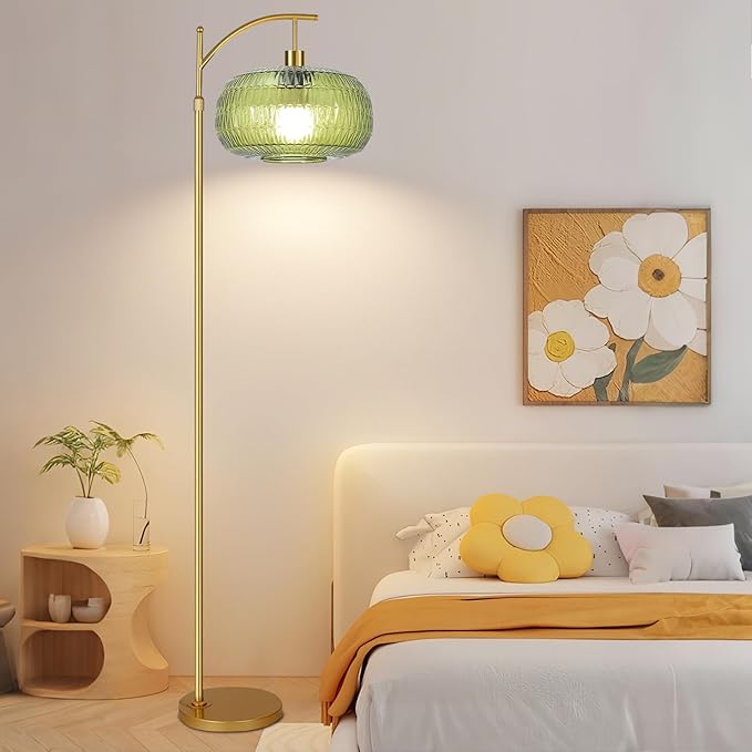 Glass Floor Lamp for Living Room,Bedroom,Gold Dimmable Standing Lamp with Remote,Green Mid Century Modern Brass Vintage Tall Lamp Floor Lamps Arc Boho Floor Light Lamp Bohemian