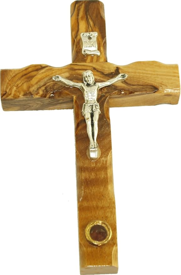 Holy Land Market Olive wood Cross/Crucifix with sample from the Holy Land (5 Inches)