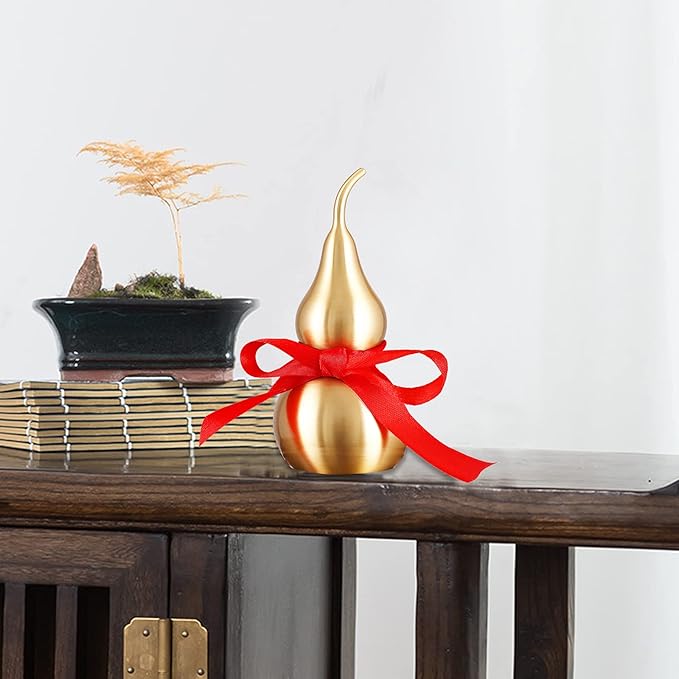 Feng Shui Decor Statue,Wu Lou Brass Gourd,with Red Luck Strip for Ideal Home Decoration,Collectible Figure Charm Amulet,6.36inch Tall,Full Brass,Hu Lu Bring Good Luck,Healthy,Wealth