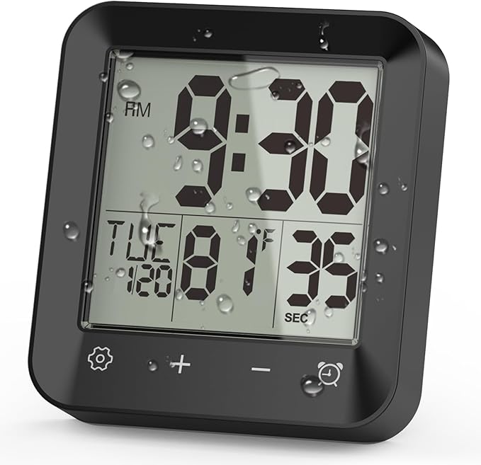 Waterproof Shower Clock Timer, Bathroom Clock with Countdown, Touch Screen, Indoor Temperature, Suction Cup, LCD Digital Wall Clock for Bath, Kitchen