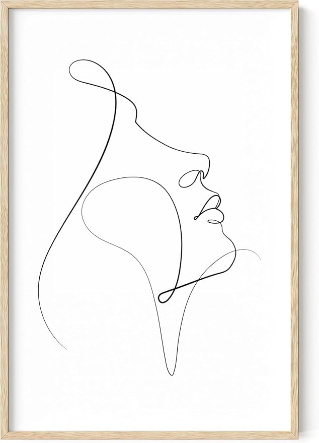 Minimalist Woman Profile Wall Art Upward Gaze Continuous Line Drawing Feminine Face 24x36 Inch Oak Wood Beige Framed Modern Aesthetic Print for Living Room
