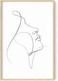 Minimalist Woman Profile Wall Art Upward Gaze Continuous Line Drawing Feminine Face 24x36 Inch Oak Wood Beige Framed Modern Aesthetic Print for Living Room